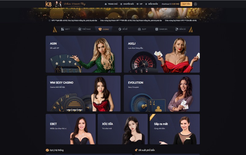 Các sảnh cược K8 Casino được hệ thống thiết kế rất ấn tượng