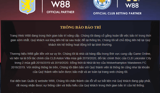 Thông báo bảo trì W88