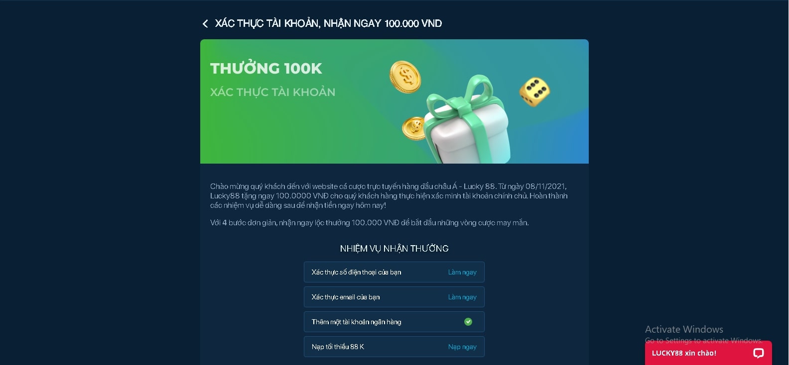 Nhà cái LUCKY88 đưa ra các khuyến mãi ảo