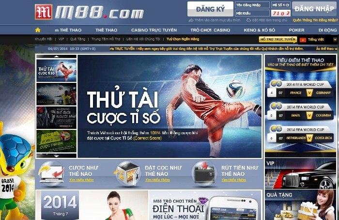 Giao diện trang chủ của website cá cược M88